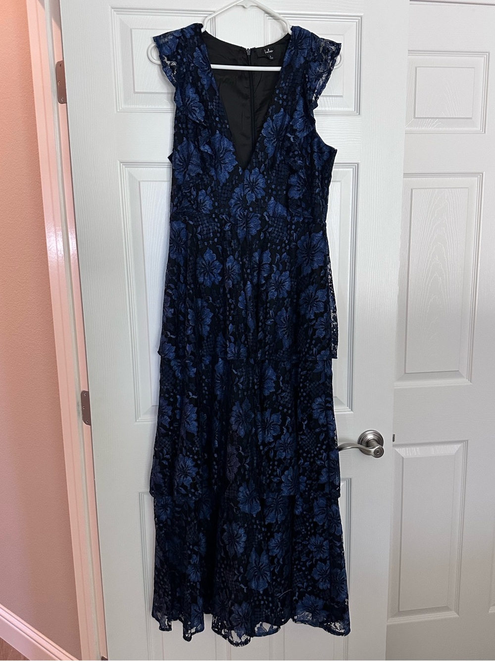 Lulu's Molinetto Navy Blue Floral Lace Ruffled Tiered Maxi Dress